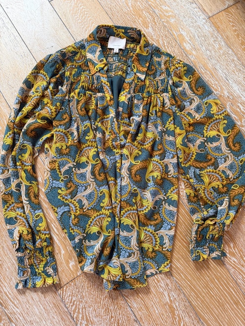 cinq á sept Women's M Printed Smocked Cuff Long-Sleeve Blouse in Mustard & Teal
